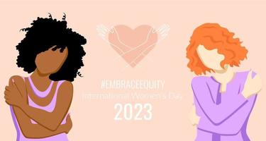 international aux femmes journée bannière avec deux multiculturel femmes étreindre eux-mêmes. adopter l'équité mouvement affiche. vecteur