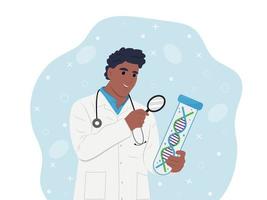 rare maladie journée observé sur février 28. une Jeune souriant africain américain médecin est recherche le ADN de rare maladies. vecteur