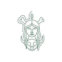 longue cheveux femmes visage avec cornu crâne des os ligne art illustration minimaliste logo conception vecteur