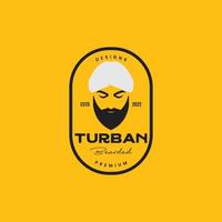 Jeune homme barbu avec coiffures musulman turbans badge ancien logo conception vecteur icône illustration