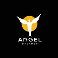 Jeune homme rêveur ange ailes abstrait nuit logo conception vecteur icône illustration