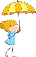 jolie fille tenant le personnage de dessin animé de doodle parapluie isolé vecteur