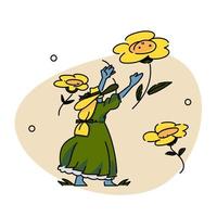 femmes sont en volant tournesols dans le ciel. plat vecteur illustration.