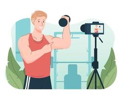 Jeune athlétique homme levage haltère tandis que enregistrement vidéo en utilisant caméra pour le sien en ligne vidéo canaliser. en ligne personnel Gym entraîneur vecteur