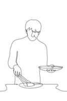 homme des stands en portant une assiette dans le sien la gauche main dans le sien droite main avec cuisine pinces prend nourriture de un autre plaque. un ligne dessin concept homme changements nourriture dans le sien plaque. vecteur