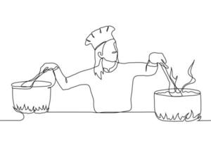 femelle chef dans professionnel uniforme des stands en remuant une cuisine plat dans deux des casseroles. un ligne dessin concept de une très occupé chef dans le cuisine processus. vecteur