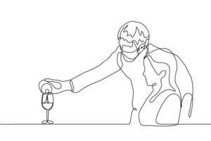 masqué serveur verse du vin dans une verre de une femme visiteur dans une restaurant. un ligne dessin restaurant un service dans une pandémie vecteur