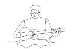 homme est assis avec des lunettes et pièces le guitare. un continu ligne art aveugle musicien avec une classique en bois acoustique guitare. pouvez être utilisé pour animation. vecteur