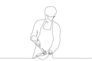 un continu ligne art.le cuisinier détient une mélange bol et une fouet. une Jeune homme dans un tablier avec une fouet, avec le sien autre main détient une plaque. pouvez être utilisé pour animation. vecteur