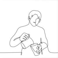 homme fait du café - un ligne dessin. concept barista verse Lait dans café tasses. vecteur