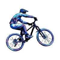 bmx vélo coureur, une descente, cycliste. monochrome couleur. extrême sport concept, véhicule. adapté pour T-shirt conception, imprimer, autocollant, etc. main tiré illustration. vecteur
