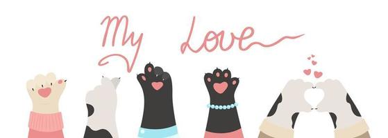 horizontal bannière avec chat pattes, cœur doigt gestes, vecteur plat illustration. marrant pattes de animaux