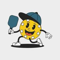 pickleball Balle mascotte dans casquette avec raquette. marrant dessin animé personnage. branché isolé vecteur illustration.