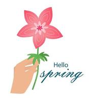 carte postale affiche Bonjour printemps. rose fleur dans main vecteur