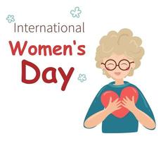 Mars 8. international aux femmes journée. ivd. content personnes âgées femme en portant une cœur dans sa bras vecteur