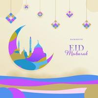 eid mubarak conception modèle bannière croissant lune mosquée avec ketupat ornement plat style plein Couleur vecteur