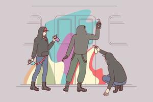 gens La peinture métro train avec graffiti. vandales dessin sous-culture art avec aérosol des peintures sur train. vandalisme et sabotage concept. vecteur illustration.