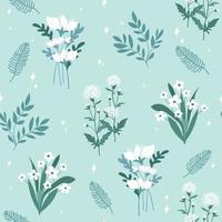 blanc fleur et vert feuille sur lumière bleu Contexte sans couture modèle vecteur