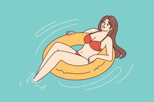 content femme dans bikini sur gonflable bague nager dans mer sur été vacances. souriant fille prendre plaisir vacances. relaxation et des loisirs. vecteur illustration.