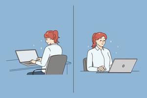 souriant Jeune femelle employé asseoir à bureau travail sur ordinateur. femme ouvrier utilisation portable pour en ligne emploi à lieu de travail. de face et retour voir. emploi concept. vecteur illustration.