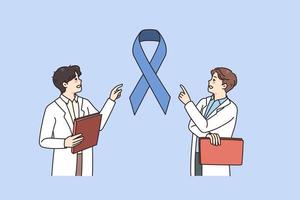 Masculin médecins discuter cancer diagnostic monter conscience à décès maladie. Hommes médical professionnels près énorme bleu ruban pour oncologie maladie. soins de santé et médicament. vecteur illustration.