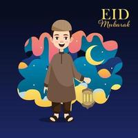 musulman garçon personnage apporter lanterne célébrer pour eid mubarak vecteur illustration