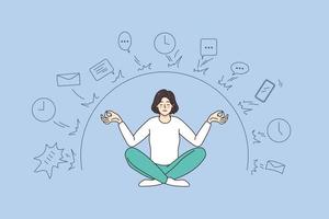 calme femme asseoir dans lotus position méditer distraire de travail offres et emploi troubles. détendu femelle entraine toi yoga avoir numérique détox. méditation concept. stress gratuit. vecteur illustration.