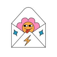 rétro Années 70 sensationnel fleur personnage spectacles le sien langue de enveloppe. message, email concept. dessin animé hippie isolé vecteur illustration