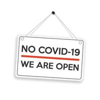 pas de covid-19, nous sommes ouverts, panneau de porte isolé sur fond blanc. vecteur