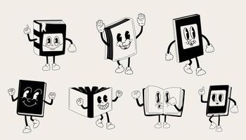 gros ensemble de livres 30s dessin animé mascotte personnage 40 ans, 50 ans, Années 60 vieux animation style dans noir et blanc Couleur vecteur