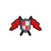 bouclier et rouge drapeau dans pixel art style vecteur