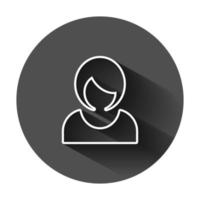 femme signe icône dans plat style. femelle avatar vecteur illustration sur noir rond Contexte avec longue ombre. fille visage affaires concept.