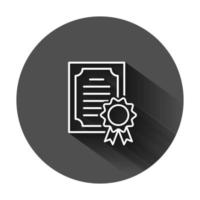 certificat icône dans plat style. Licence badge vecteur illustration sur noir rond Contexte avec longue ombre. gagnant médaille affaires concept.