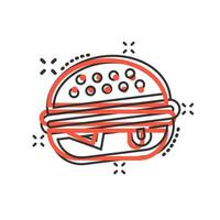 icône de signe de hamburger dans le style comique. illustration de dessin animé de vecteur de hamburger sur fond blanc isolé. effet d'éclaboussure du concept d'entreprise cheeseburger.