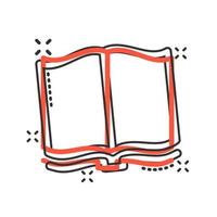 icône de livre ouvert dans le style comique. illustration de dessin animé de vecteur de littérature sur fond blanc isolé. effet d'éclaboussure de concept d'entreprise de bibliothèque.