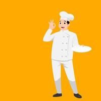 Chef heureux, portrait de dessin animé de jeune cuisinier portant chapeau et uniforme de chef tenant un plat vide et faisant le geste de signe ok vecteur