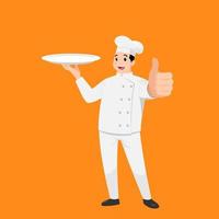 Chef heureux, portrait de dessin animé de jeune cuisinier portant chapeau et uniforme de chef tenant un plat vide et faisant le geste de signe de pouce en haut vecteur