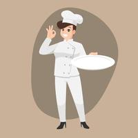 Chef heureux, portrait de dessin animé de jeune cuisinier portant chapeau et uniforme de chef tenant un plat vide et faisant le geste de signe ok vecteur