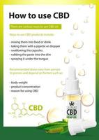 comment utiliser le CBD, utilisations médicales de l'huile de CBD de plante de cannabis, affiche verticale avec bouteille transparente en verre d'huile de CBD médicale et feuille de chanvre vecteur