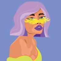 vecteur portrait de une Jeune magnifique femme dans moderne Jaune des lunettes de soleil avec violet cheveux. vecteur illustration