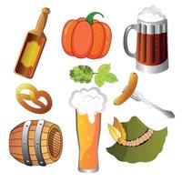 oktoberfest Bière Festival Icônes ensemble. citrouille, bière, grillé saucisse sur fourchette, houblon, chapeau, baril, tasse, verre avec bière. vecteur illustration.
