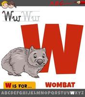lettre w de l'alphabet avec personnage animal de dessin animé wombat vecteur