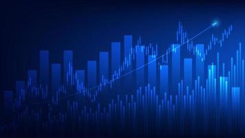 les statistiques des entreprises financières avec un graphique à barres et un graphique en chandeliers montrent le prix du marché boursier et les gains effectifs sur fond bleu vecteur