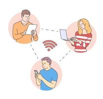 visages de jeunes, concept de communication de médias sociaux en ligne. homme et femme avec ordinateur portable de téléphone tablette. contenu et humains connectés via le chat. vecteur