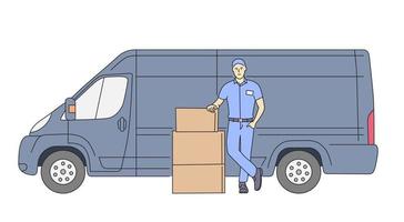 livraison, concept de service de messagerie. livraison courrier homme tenant le paquet avec camion de livraison. vecteur