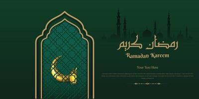 Ramadan kareem salutation carte vecteur avec arabe les fenêtres et or lune sur vert Contexte