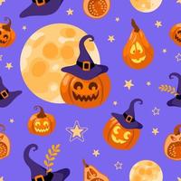 Halloween sans couture modèle lune, sorcière chapeau, jack lanterne, étoile et feuilles. sur une violet Contexte. brillant illustration dessin animé style. pour fond d'écran, impression sur tissu, emballage, Contexte.