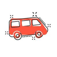icône de signe de fourgonnette passager dans le style comique. illustration de dessin animé de vecteur de bus de voiture sur fond blanc isolé. effet d'éclaboussure de concept d'entreprise de bannière de camion de livraison.