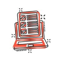 icône d'ordinateur portable de questionnaire dans le style comique. illustration de dessin animé de vecteur d'enquête en ligne sur fond blanc isolé. rapport de liste de contrôle concept d'entreprise effet splash.