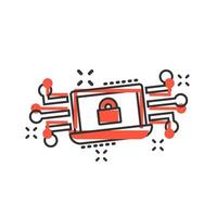 icône de la cybersécurité dans le style comique. cadenas verrouillé vector illustration de dessin animé sur fond blanc isolé. effet d'éclaboussure de concept d'entreprise d'ordinateur portable.